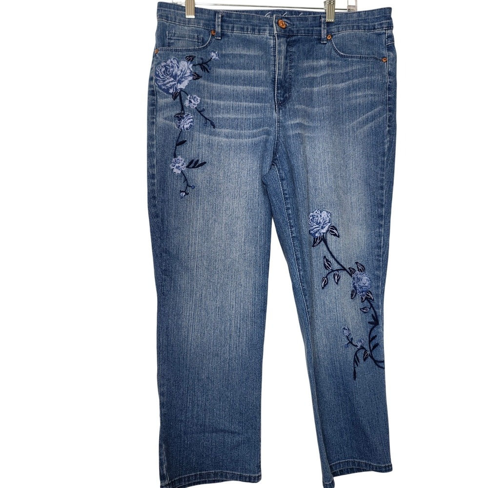 Gloria Vanderbilt Jordyn Floral Embroidered Cropped Slimming Jeans Blue Size 12
